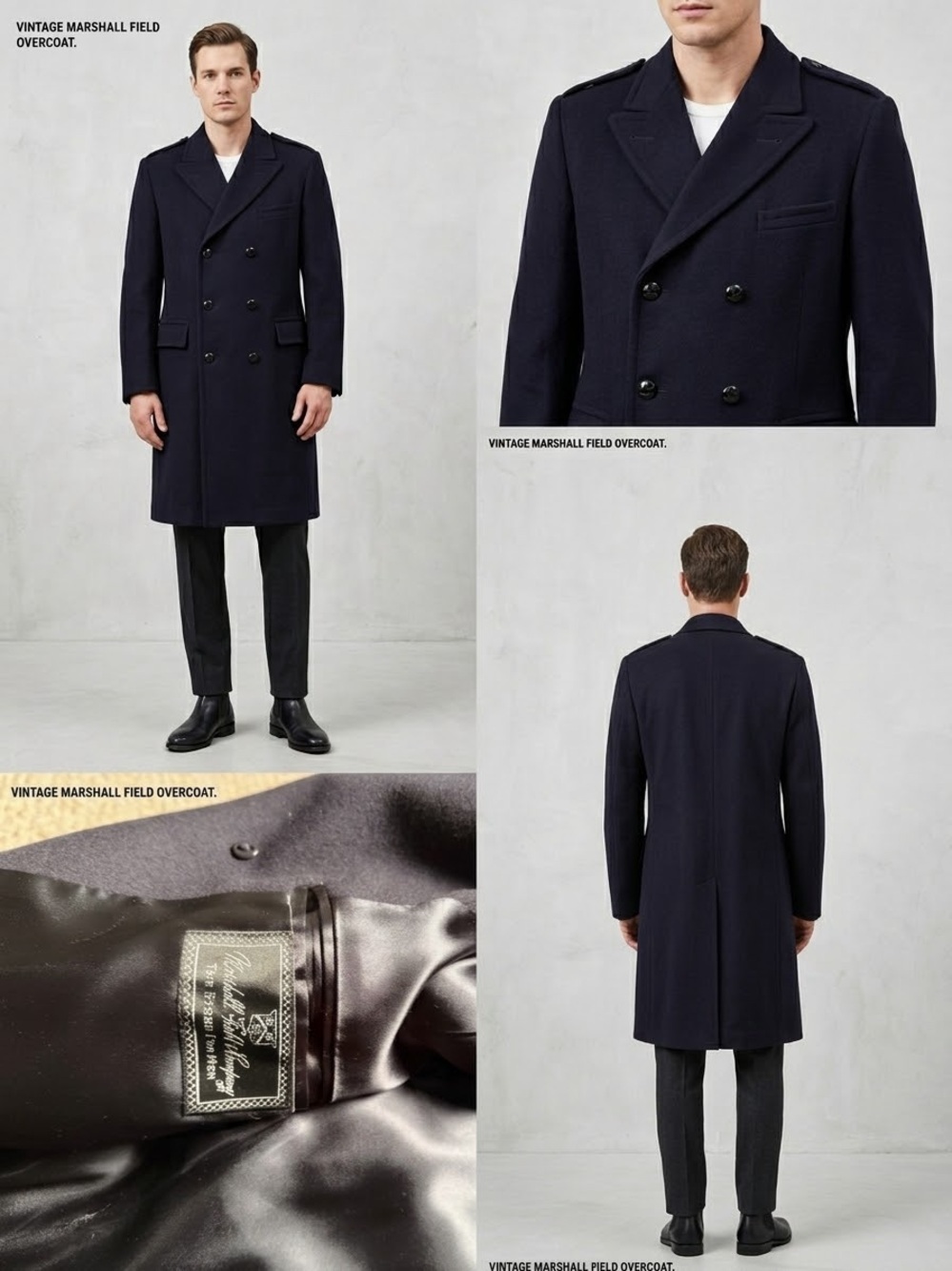 Vintage Marshall Field Men's Wool Double Breasted Overcoat Navy 46R